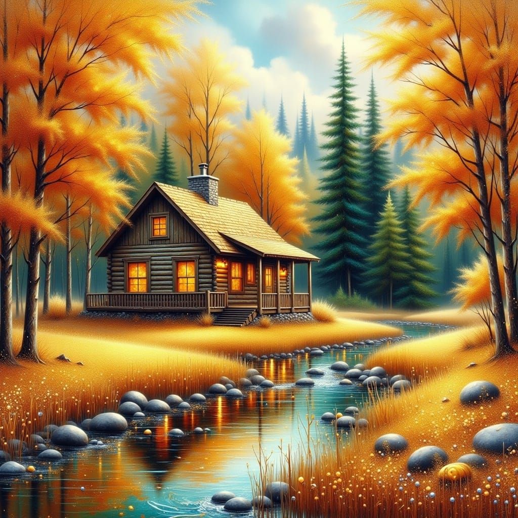 <lora:Touch of Gold:1.0> rustic cabin by a creek in the fall with touches of gold glitter Acrylic oil watercolor 
