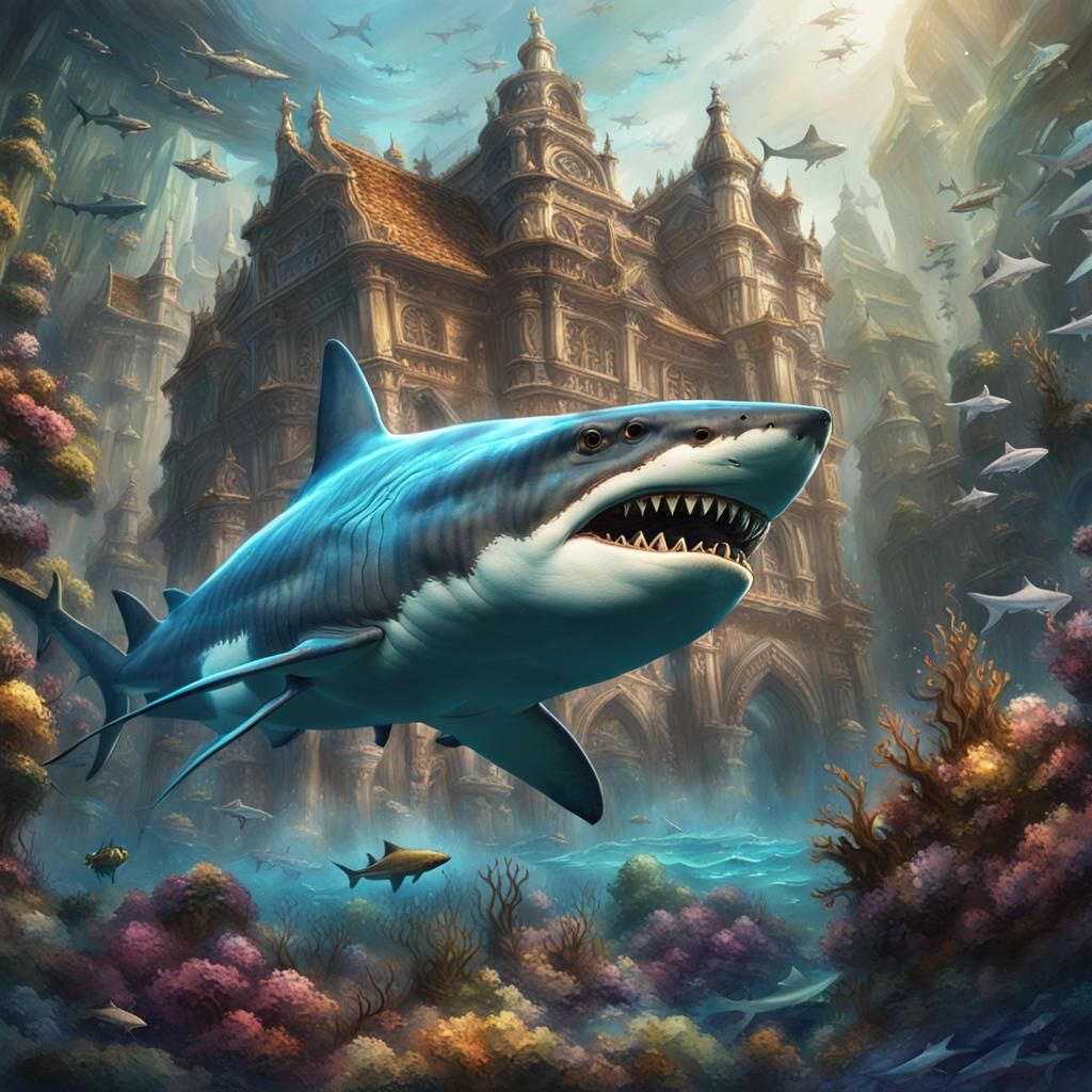 realism, impressionism, watercolor, shark