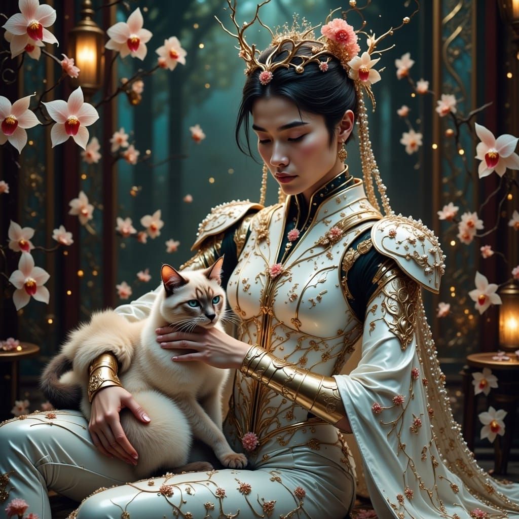 Beautiful machine cyborg Asian android geisha with a siamese cat by Luis Royo and Junji Ito and Kentaro Miura and Beksinski and Giger <lora:...