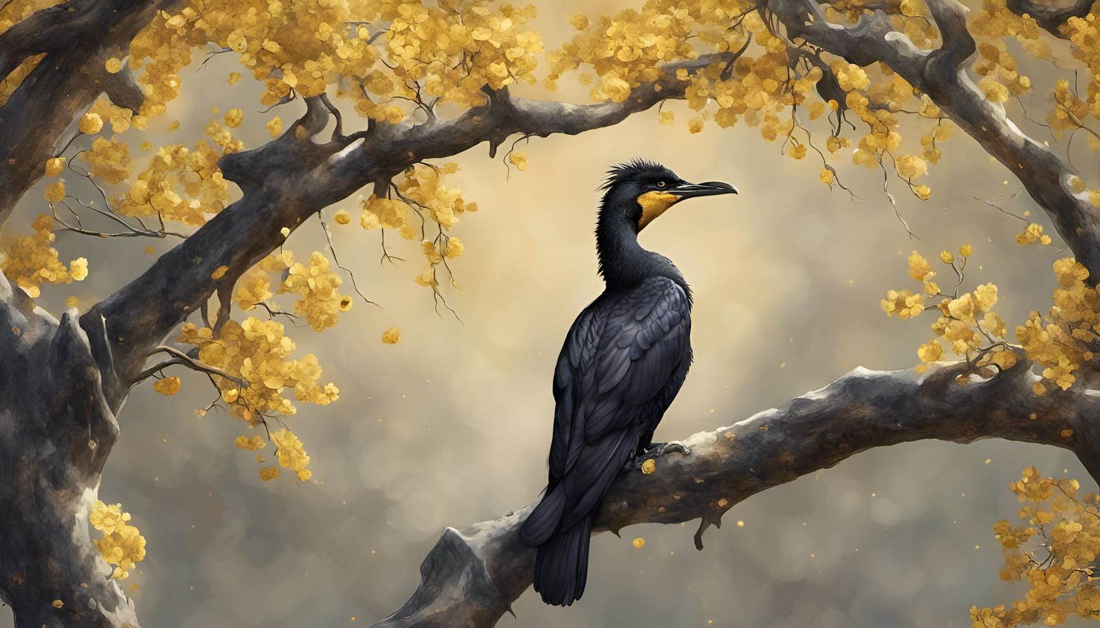 An ugly black cormorant perches on the branch of a golden mallorn tree