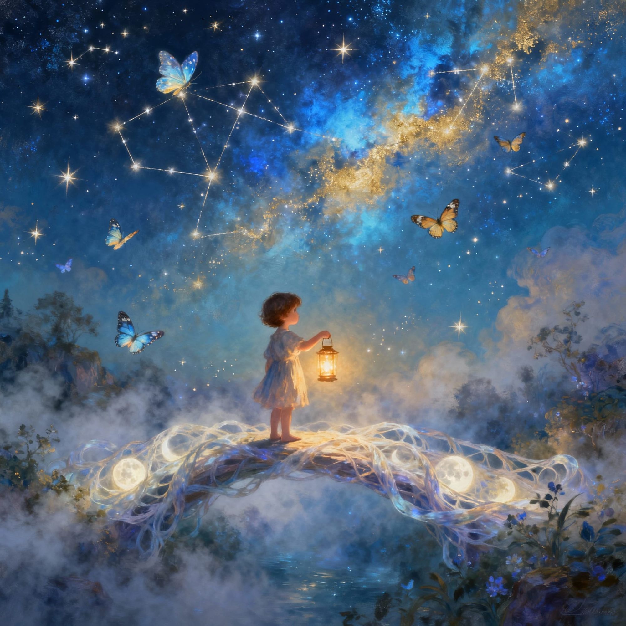 A small child holding a glowing lantern, standing on a bridge made of moonlight, high above the world. Around them float luminous butterflie...