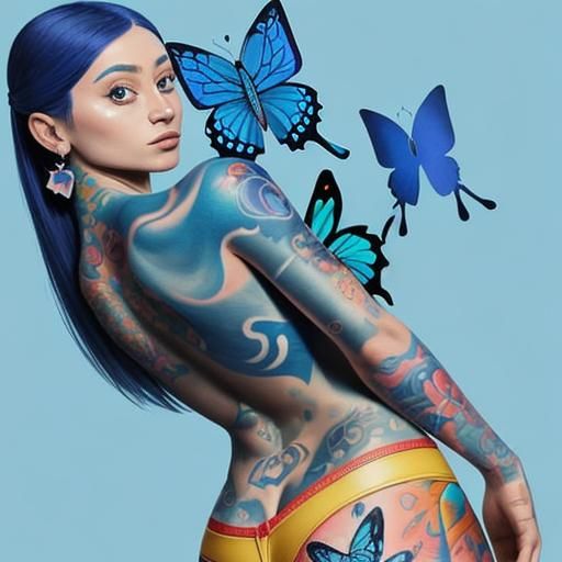 a beautiful small butterfly colored blue and tattooed on the...