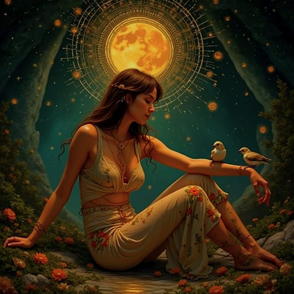  silence, inner reflection, connection between humans and nature. female carry birds as part of her form, inner life deeply intertwined with...