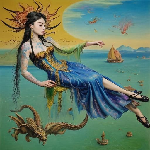 Dragon and Tattooed Woman in Surrealist Oil Painting