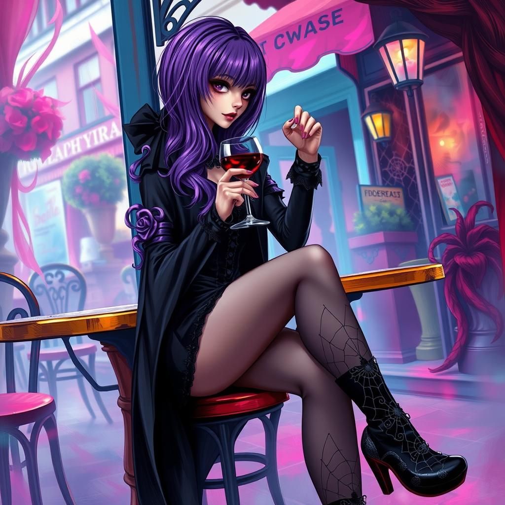 Slender gothic girl with violett long hair and black spider ...