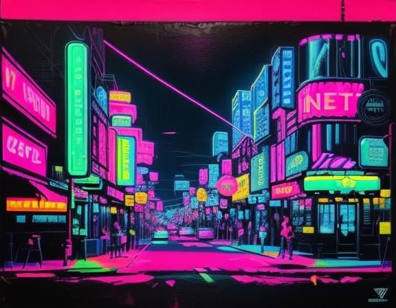 <lora:Neon Glow:1.0> Blacklight Oils painting of a neon city street