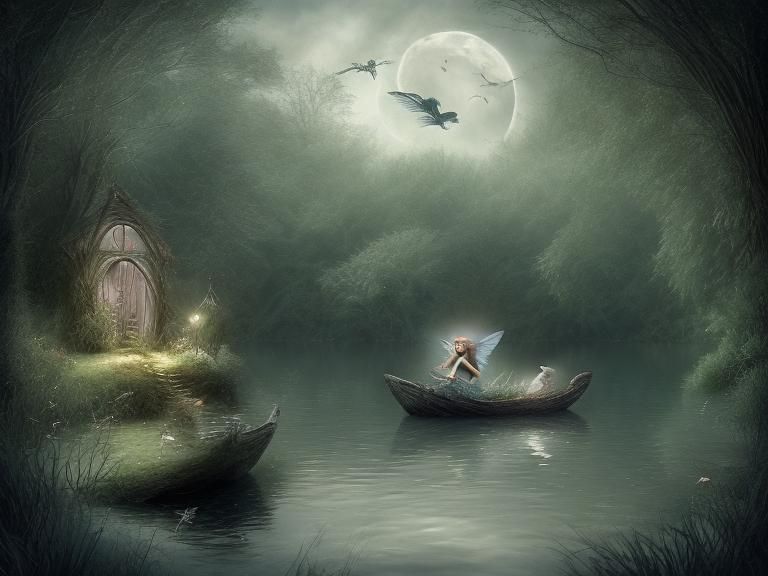 A fairy boat carries the lovely fairy woman