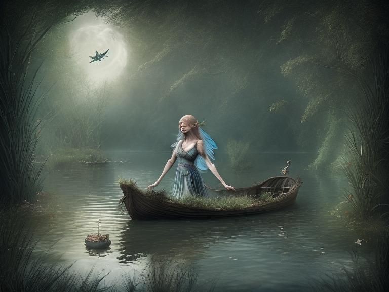 A fairy boat carries the lovely fairy woman