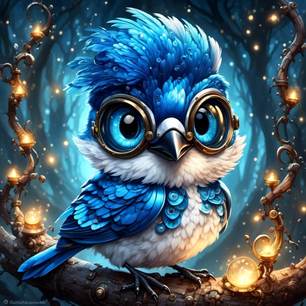 Steampunk Chibi Blue Jay Portrait in Dark Fantasy Style