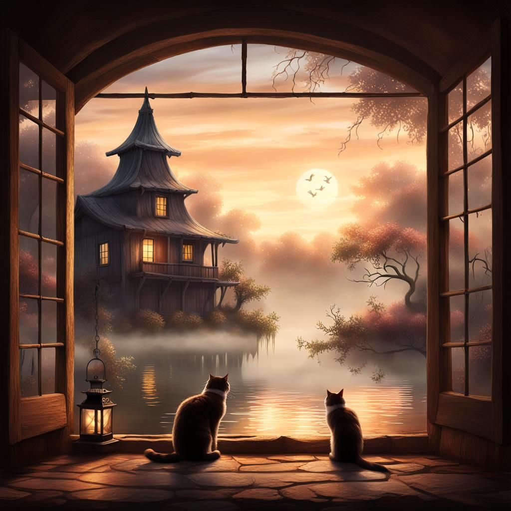 Mystical Lake Scene with Ancient House and Cat