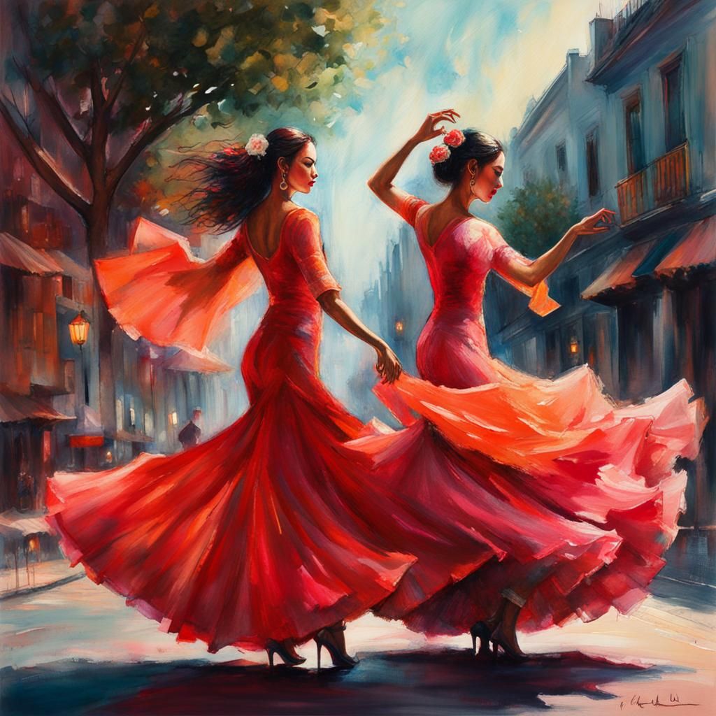 Beautiful intricate realistic full body shot of two women dancing flamenco, fantastical hyperdetailed ink watercolor pastels colored pencil...