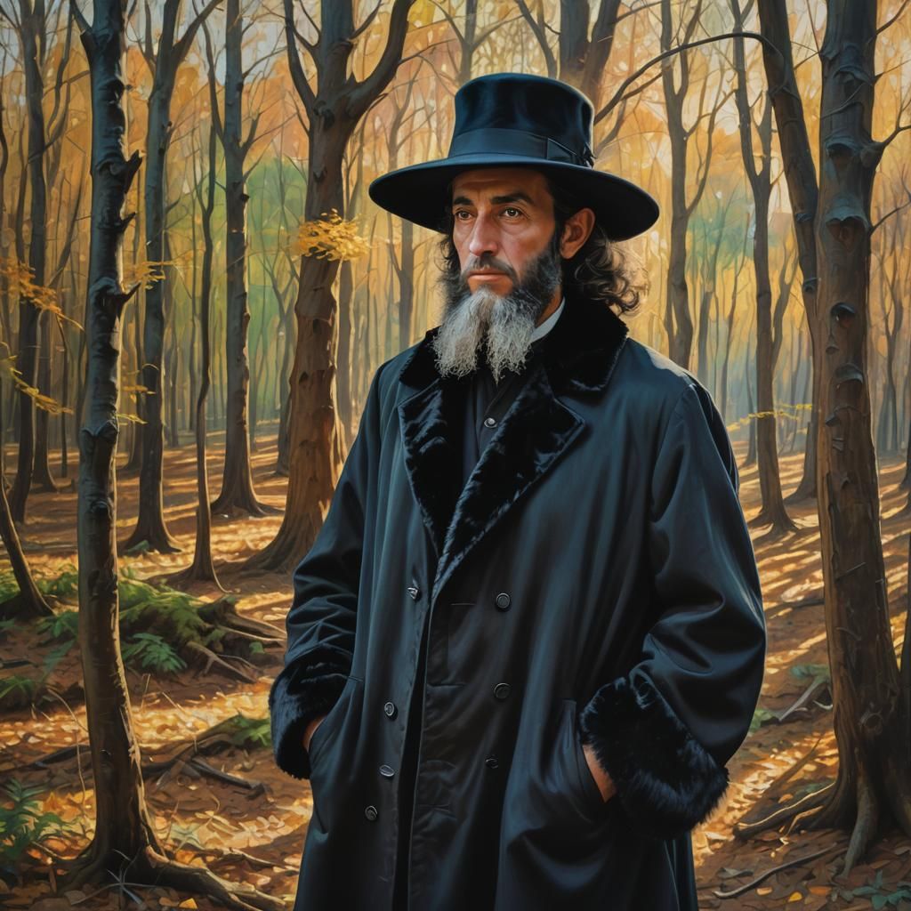 Mystical Hasidic Man in Forest, Vibrant Oil Painting