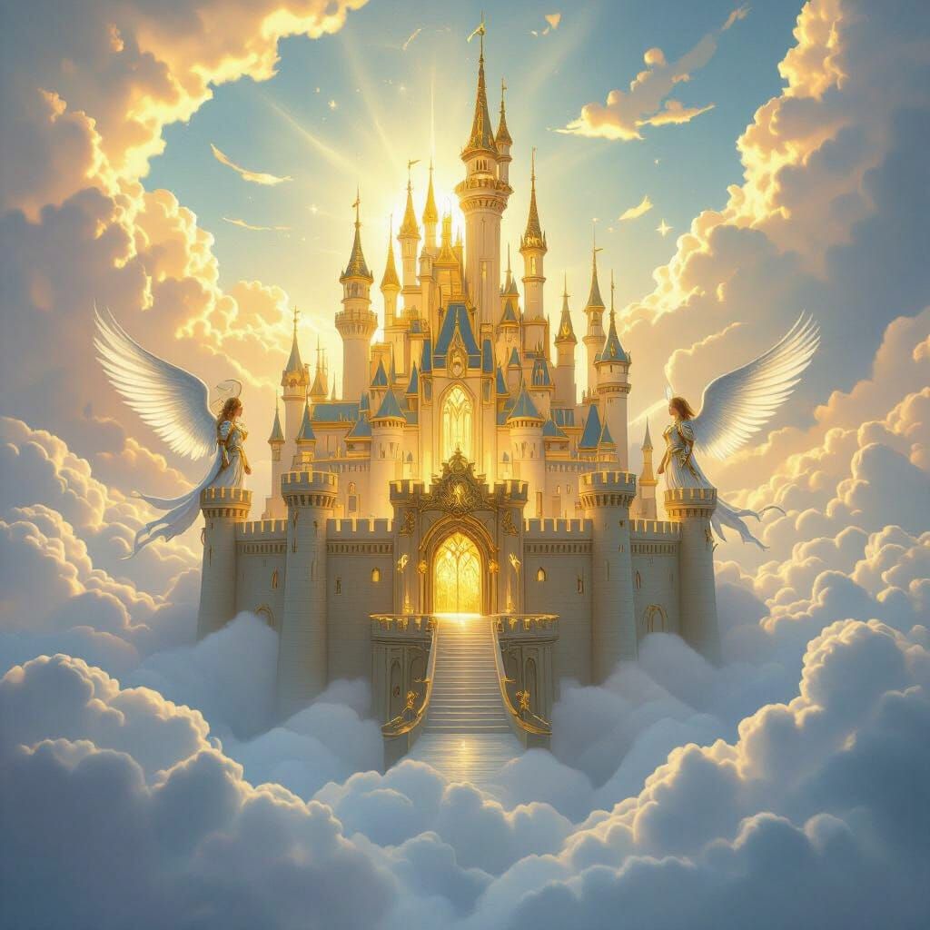 “A golden castle above the clouds, angelic guards, ethereal light, fantasy realism