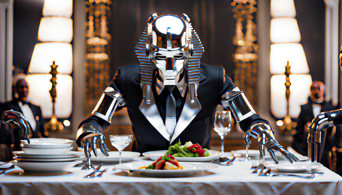 Chrome Robot Butler with Egyptian headdress setting the tabl...