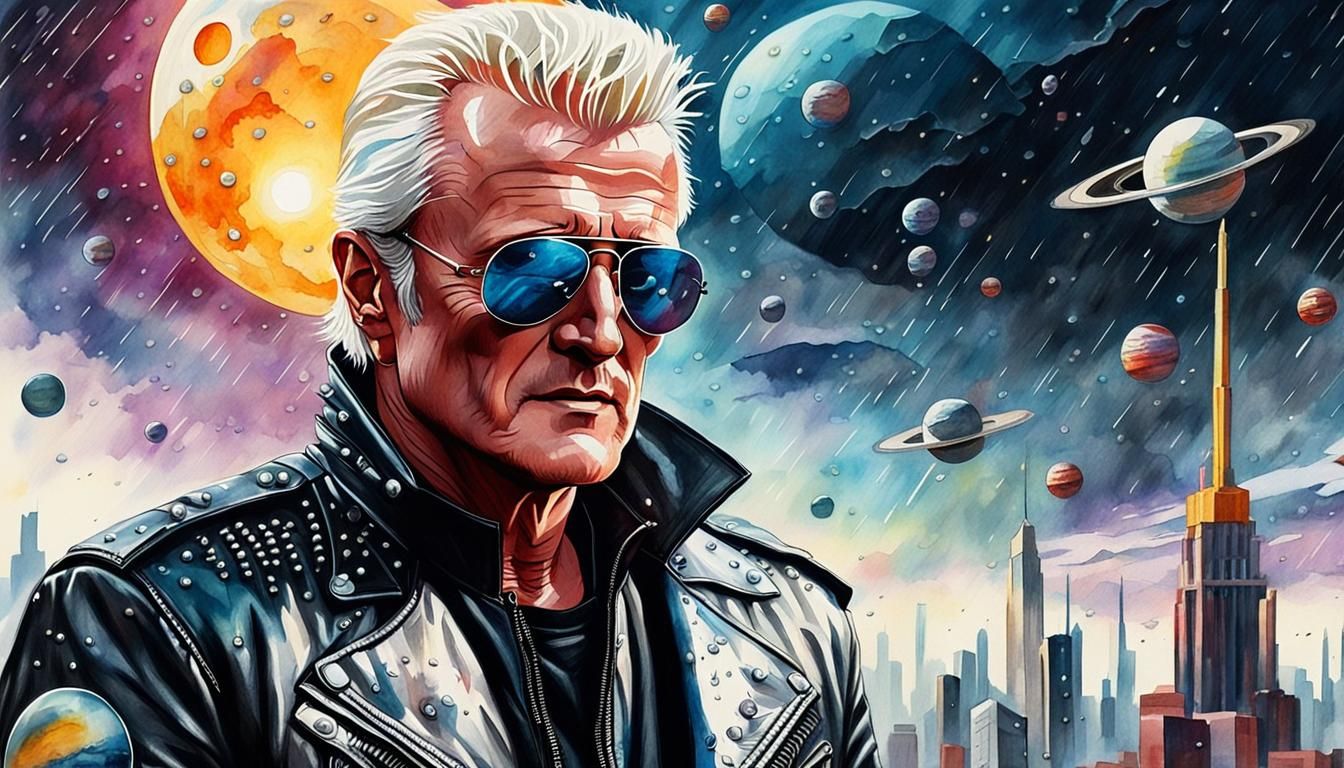 RUTGER HAUER, ROY BATTY ,SHORT WHITE HAIR, WEARING LEATHER J...