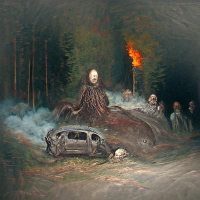 burning car in the woods