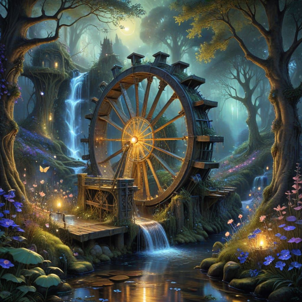 A magical waterwheel with flowing water, with glowing runes, stands at the edge of an enchanted forest, ...  by @Veronica Knightly