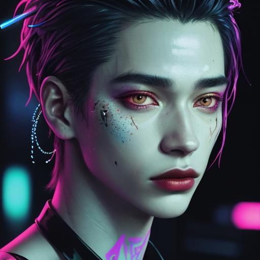 Angel diety of the city lights beautiful curvy neon long hai...