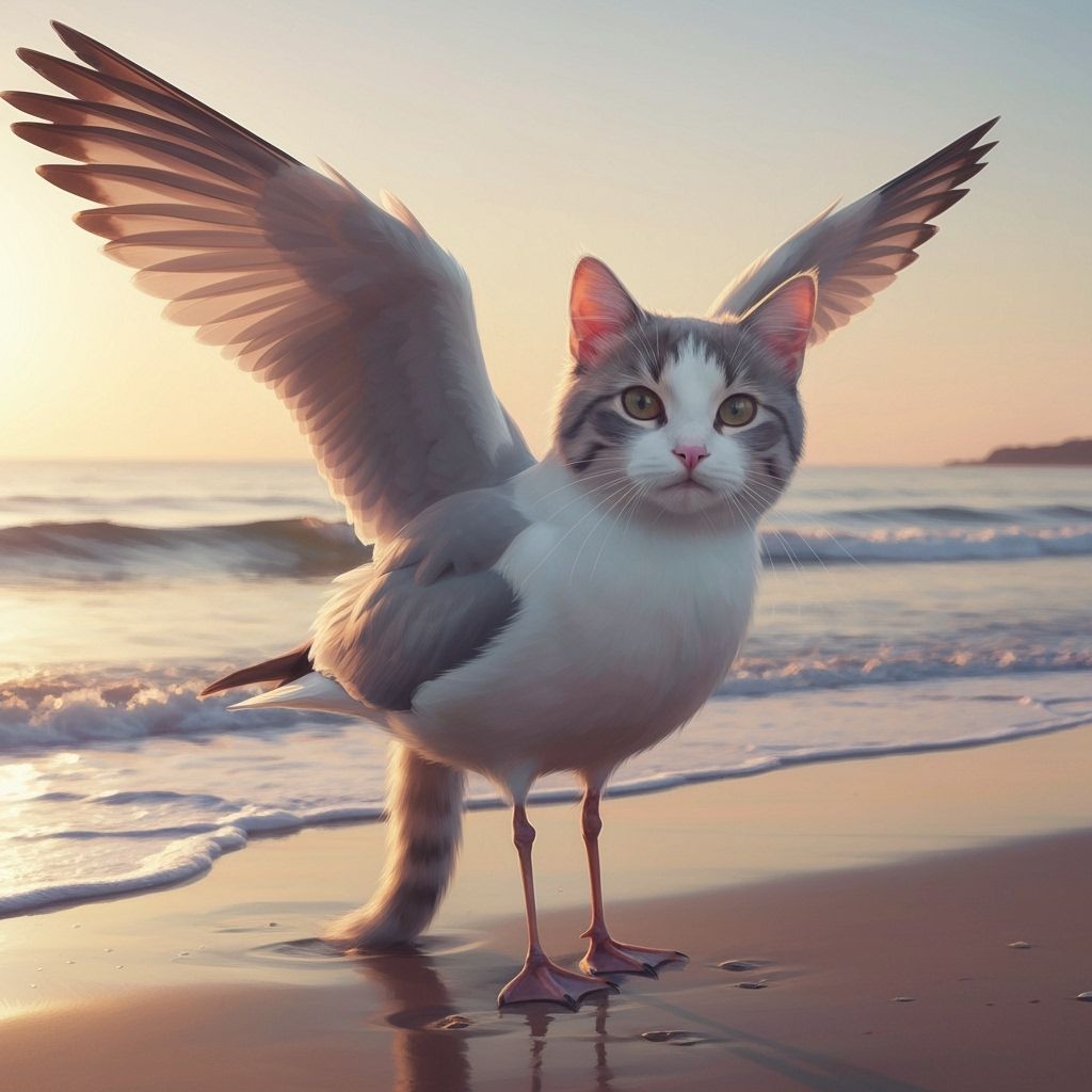 A seagull cat hybrid on the beach, beautiful,  smiling, 