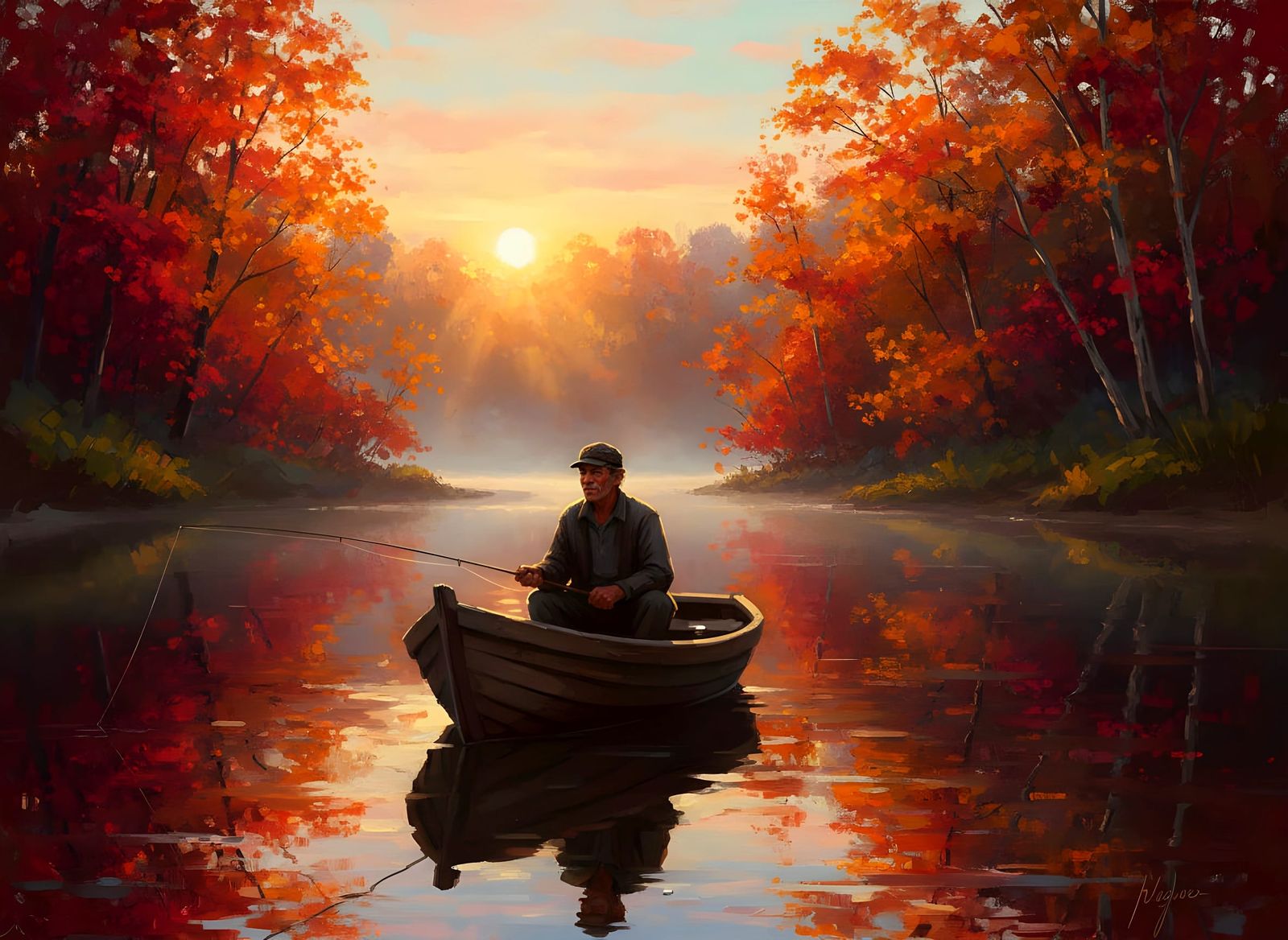 A Lone Fisherman in a Small Wooden Boat at Sunrise  by @Jane77755