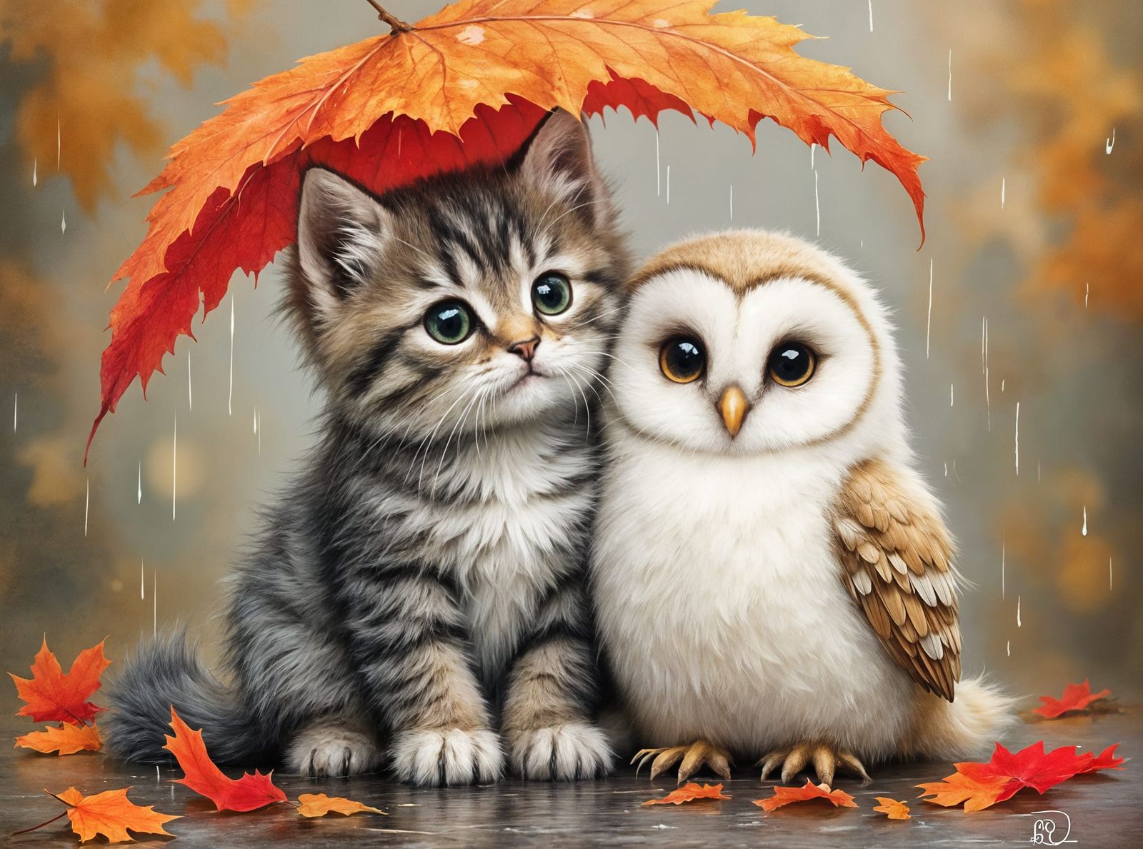 Cute kittens and baby owl shelter under a leaf.  by @Ylona