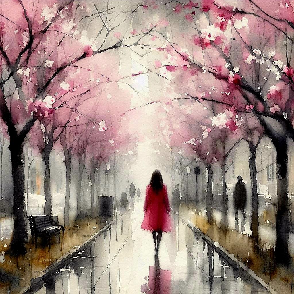 Watercolor spring. Raspberry raincoat