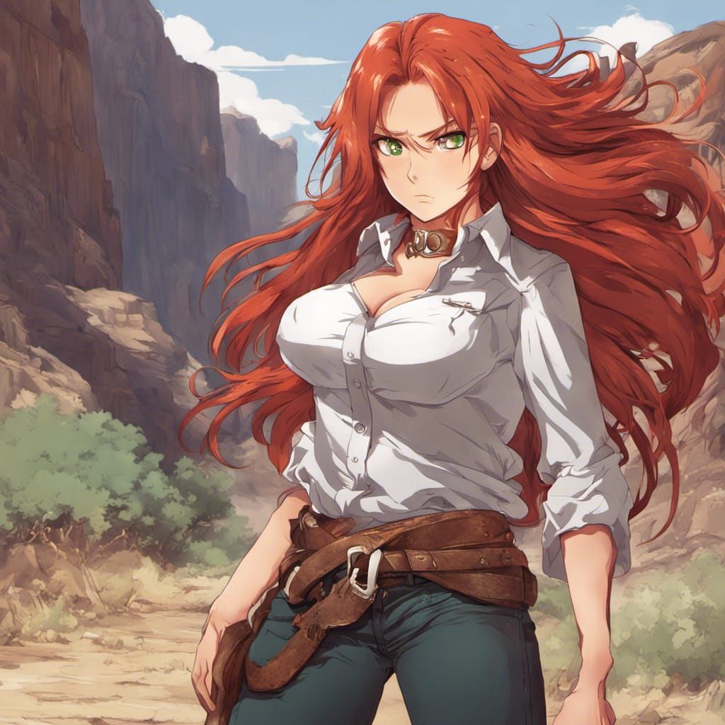 western cowboy style, woman, green eyes, long fluffy red hai...