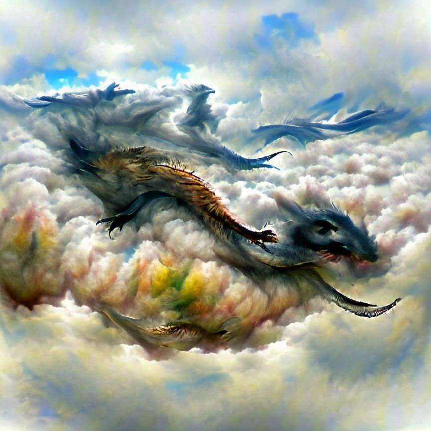 Realistic dragon flying through clouds