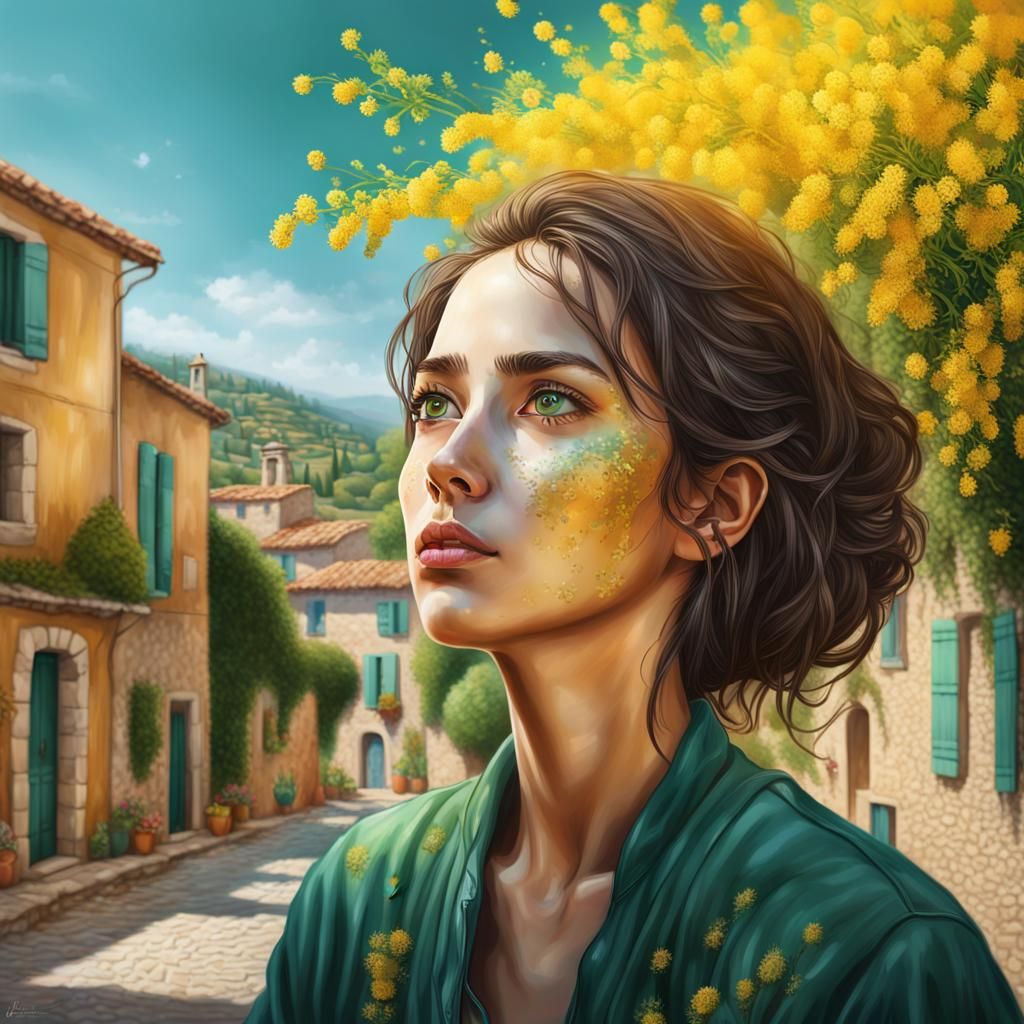 une jolie femme brune , avec des arbres de mimosa dans un village de  provence - AI Generated Artwork - NightCafe Creator