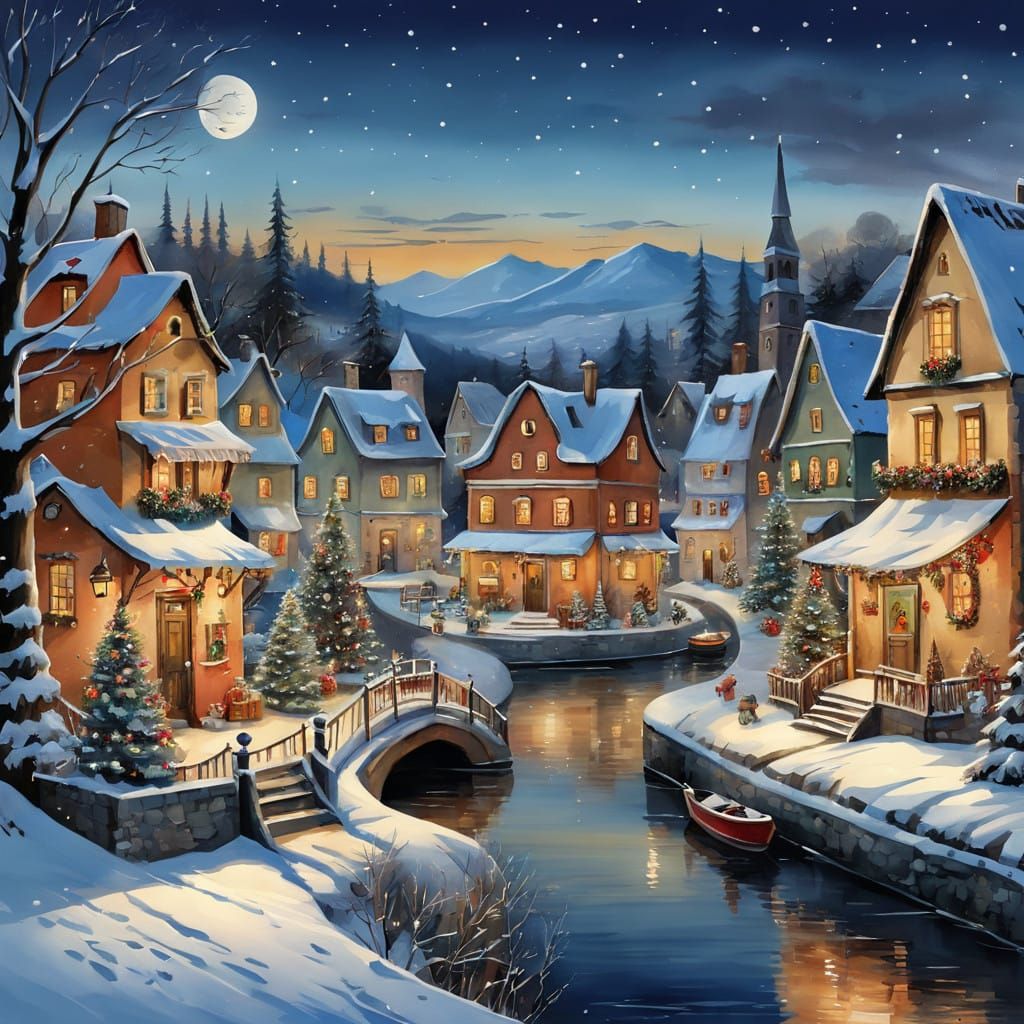 Decorated Christmas village in the evening  by @EllaMoonDesign