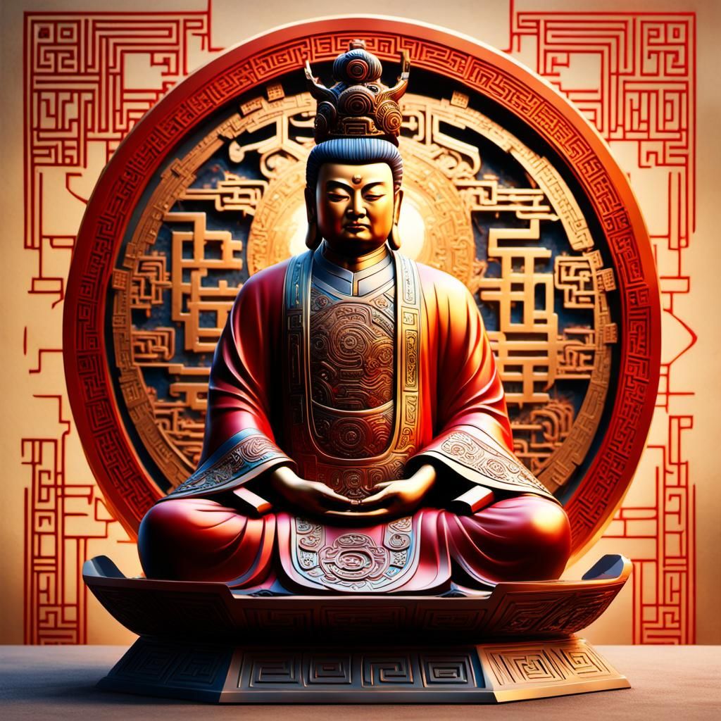 Chinese Statue with Mystic Patterns in Hyperrealistic Style