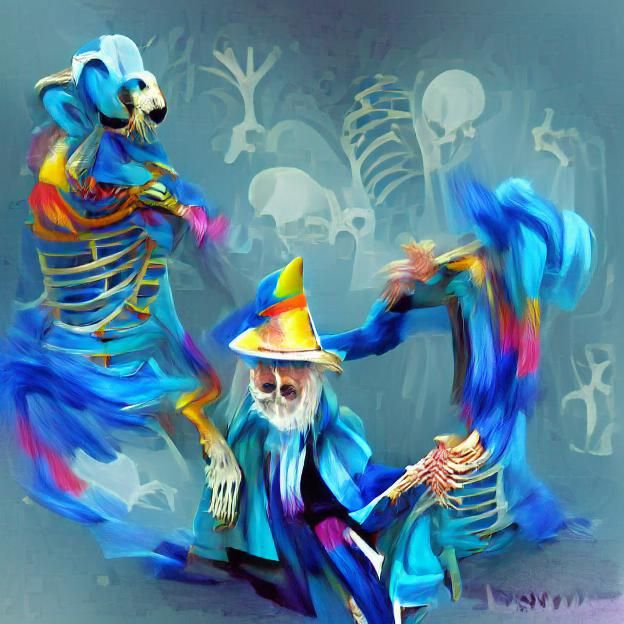 An old wizard dancing with a blue skeleton colourful