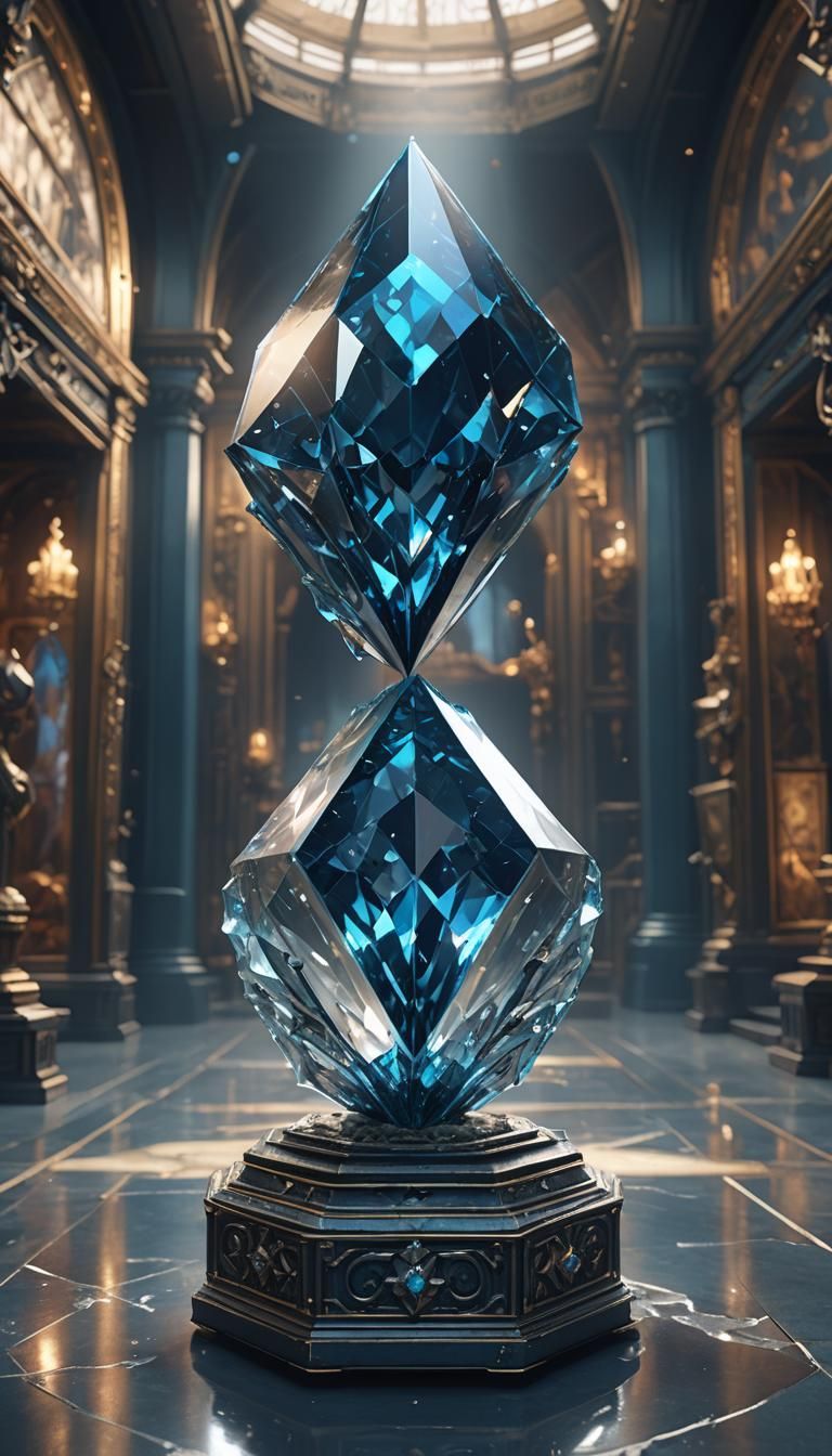 a small blue diamond is displayed in  glass-case ,a solemn p...