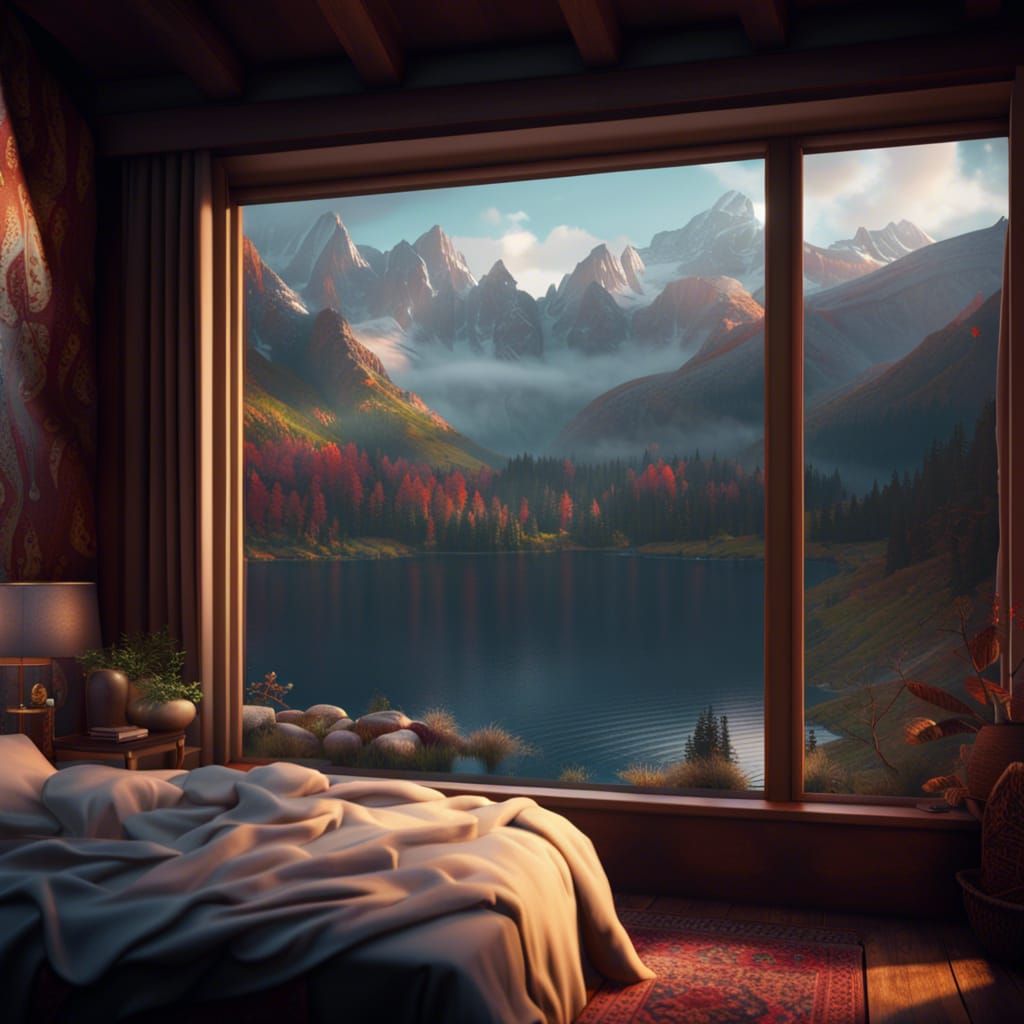 bedroom with cozy feel with window looking out at mountains and a lake ...