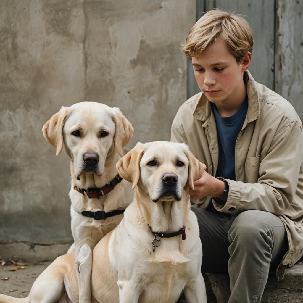 Portrait of a pale Labrador retriever looking at a boy