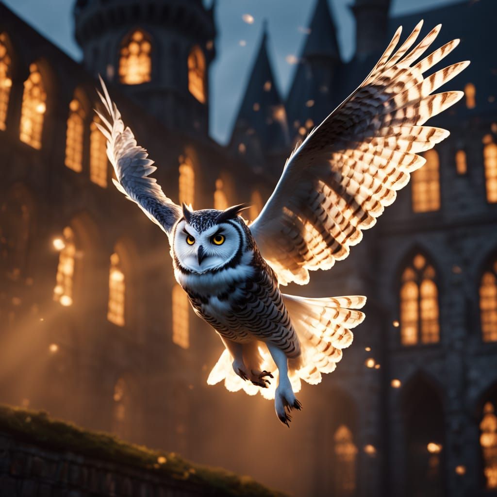 Majestic Owl Flying Over Hogwarts at Twilight