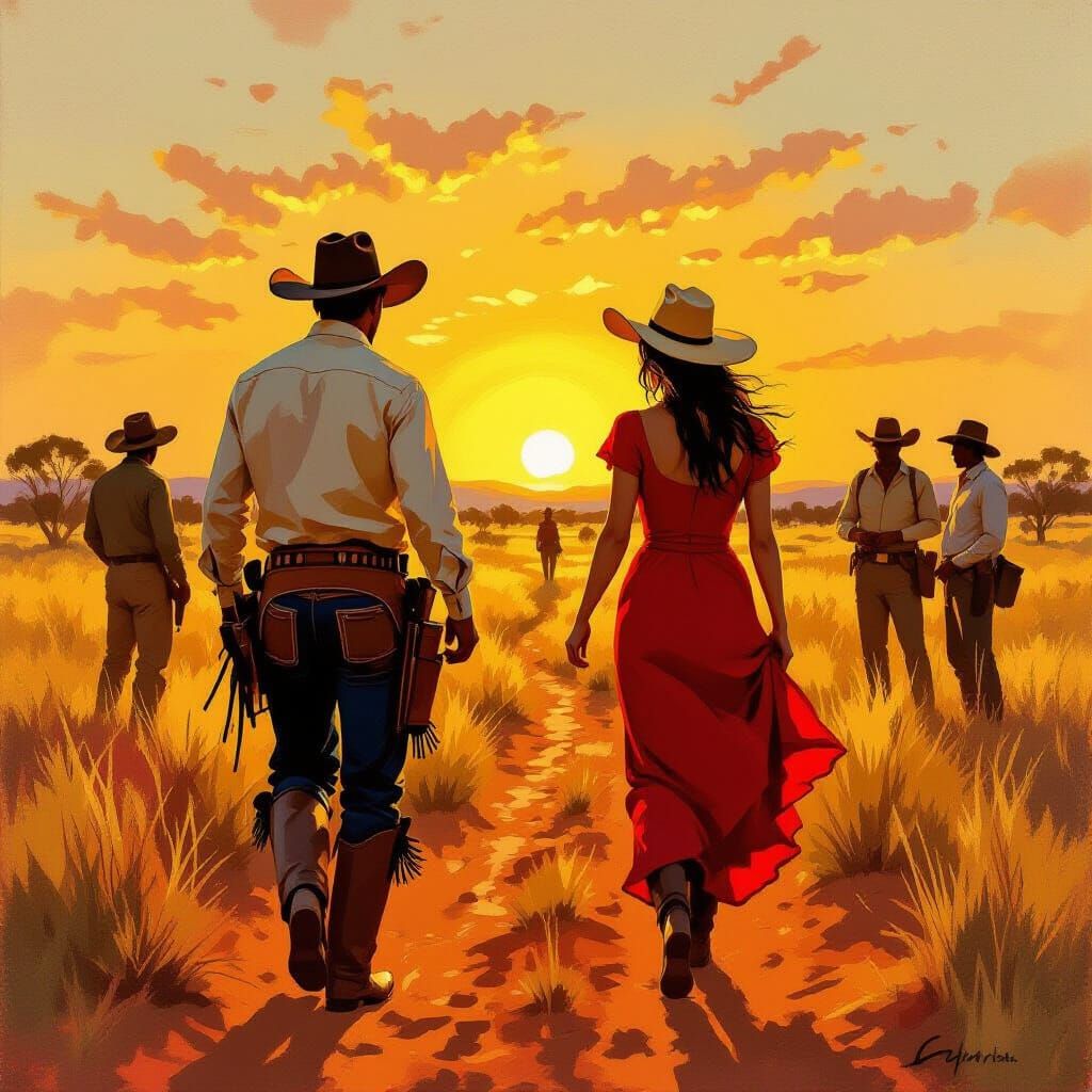 Quigley, wearing chaps and a cowboy hat, and Cora in a red dress are saved by the Australian aboriginies in the wilds of the outback.