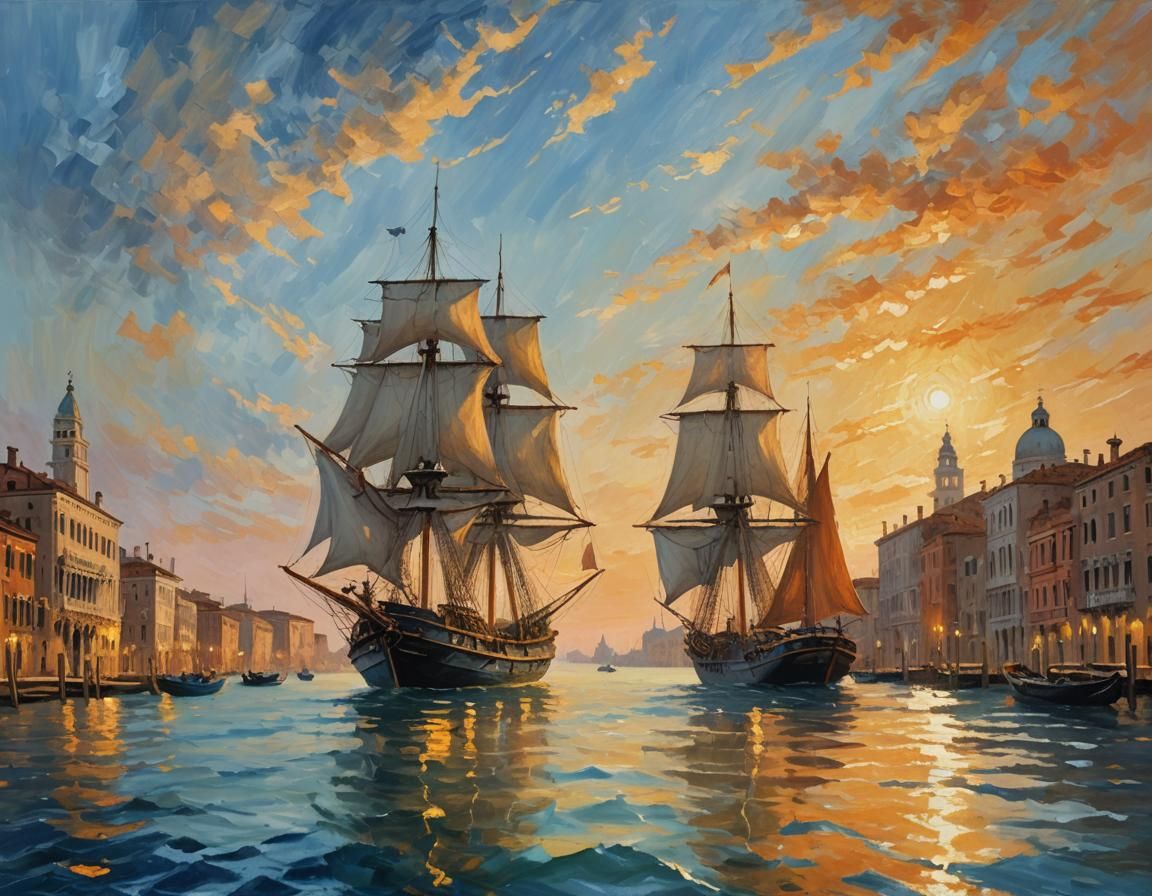 Arrival of two large sailing ships in Venice at sunset  by @Drago