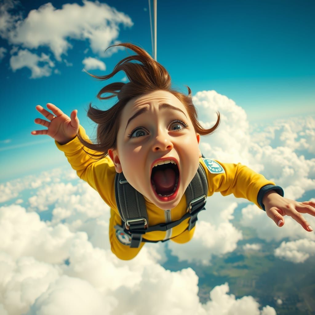 Chibi Woman Skydiving in Full Color