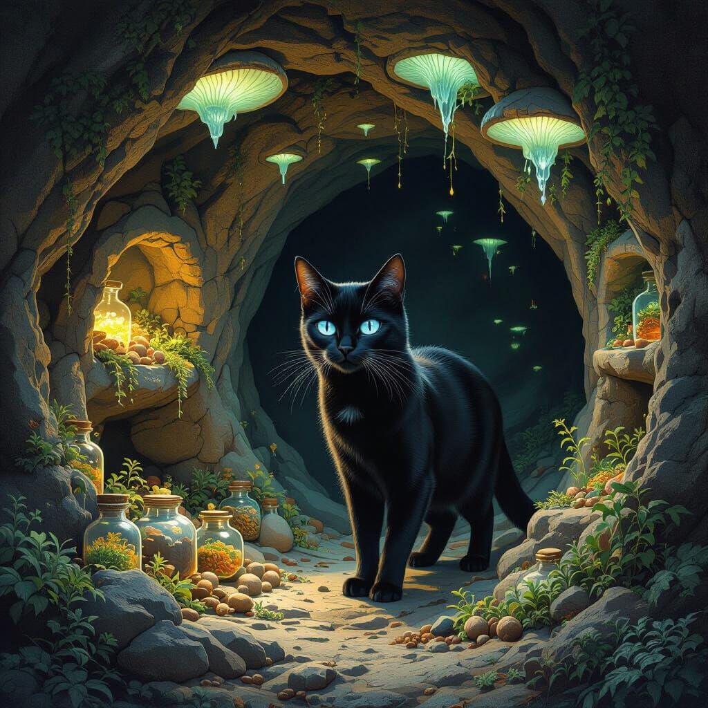 Black Cat With Blue Eyes in Herb-Filled Cave