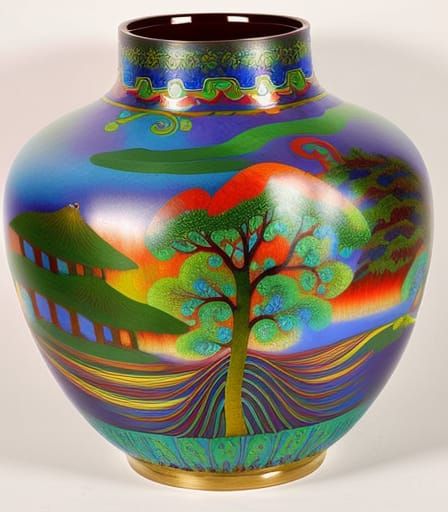 A beautiful Cloisonne vase painted with a tree in a colorful...