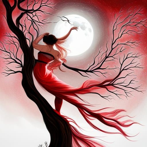 Bewitching red tree, glowy full moon, in the art style of O'...