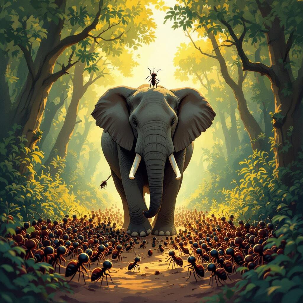 An elephant following the patch stands in the thick of the forest with a crowd of ants below it, cheering for a single ant standing on it.
