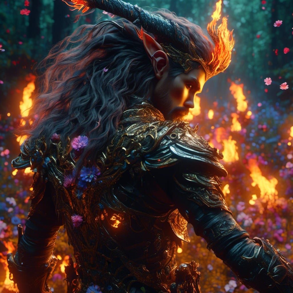 Fiery Elf Warrior in Luminous Forest: Graffiti Art