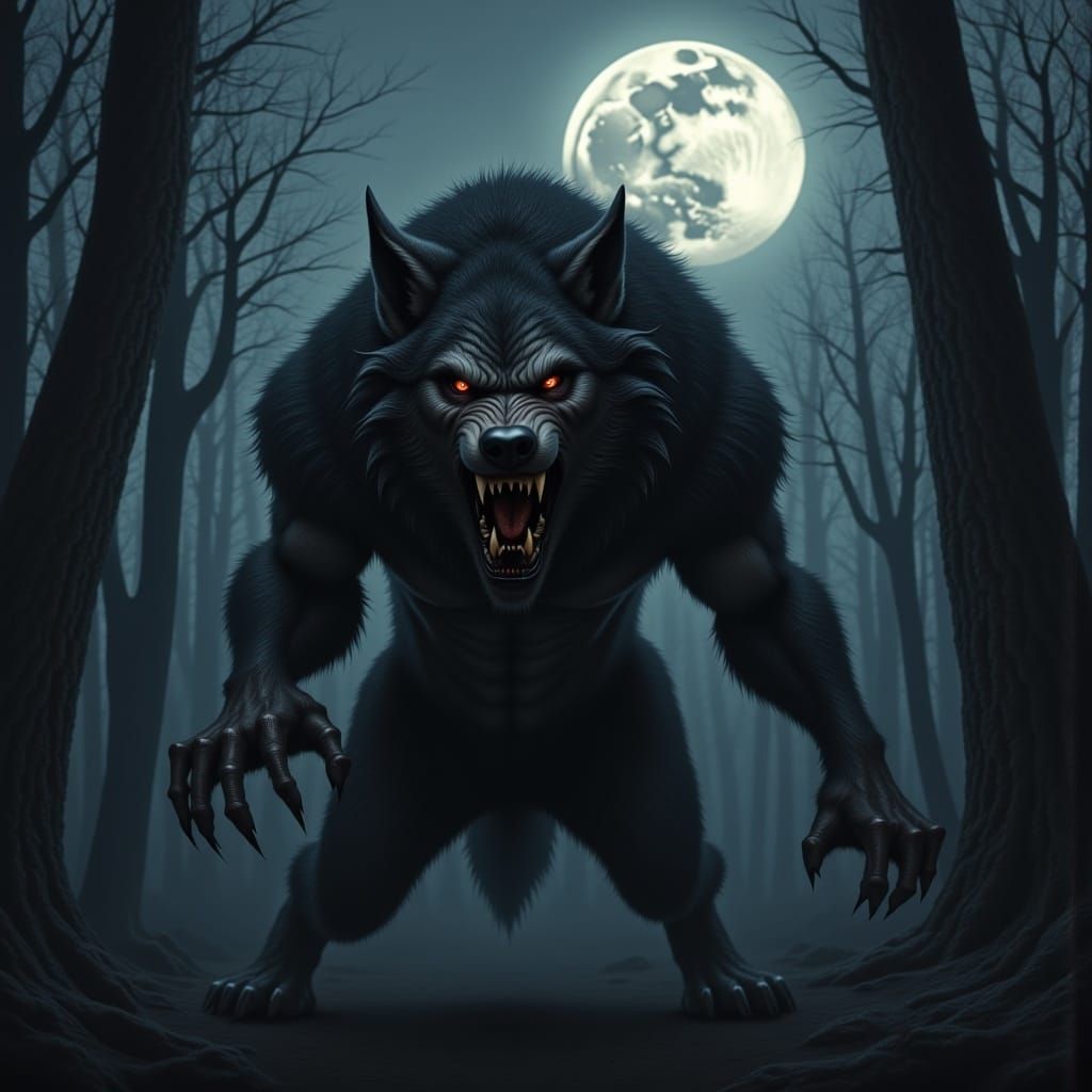 <lora:Flux Werewolf v2:1.0> A werewolf in the middle of his transformation under the moonlight, by Rick Melton, Anato Finnstark, Julie Bell,...