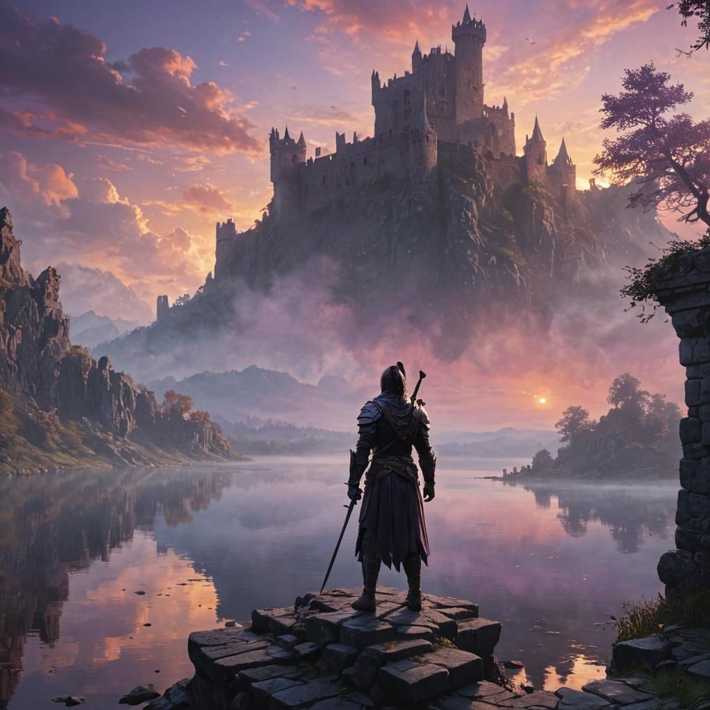Warrior Gazes at Sunrise: Dark Fantasy Concept Art