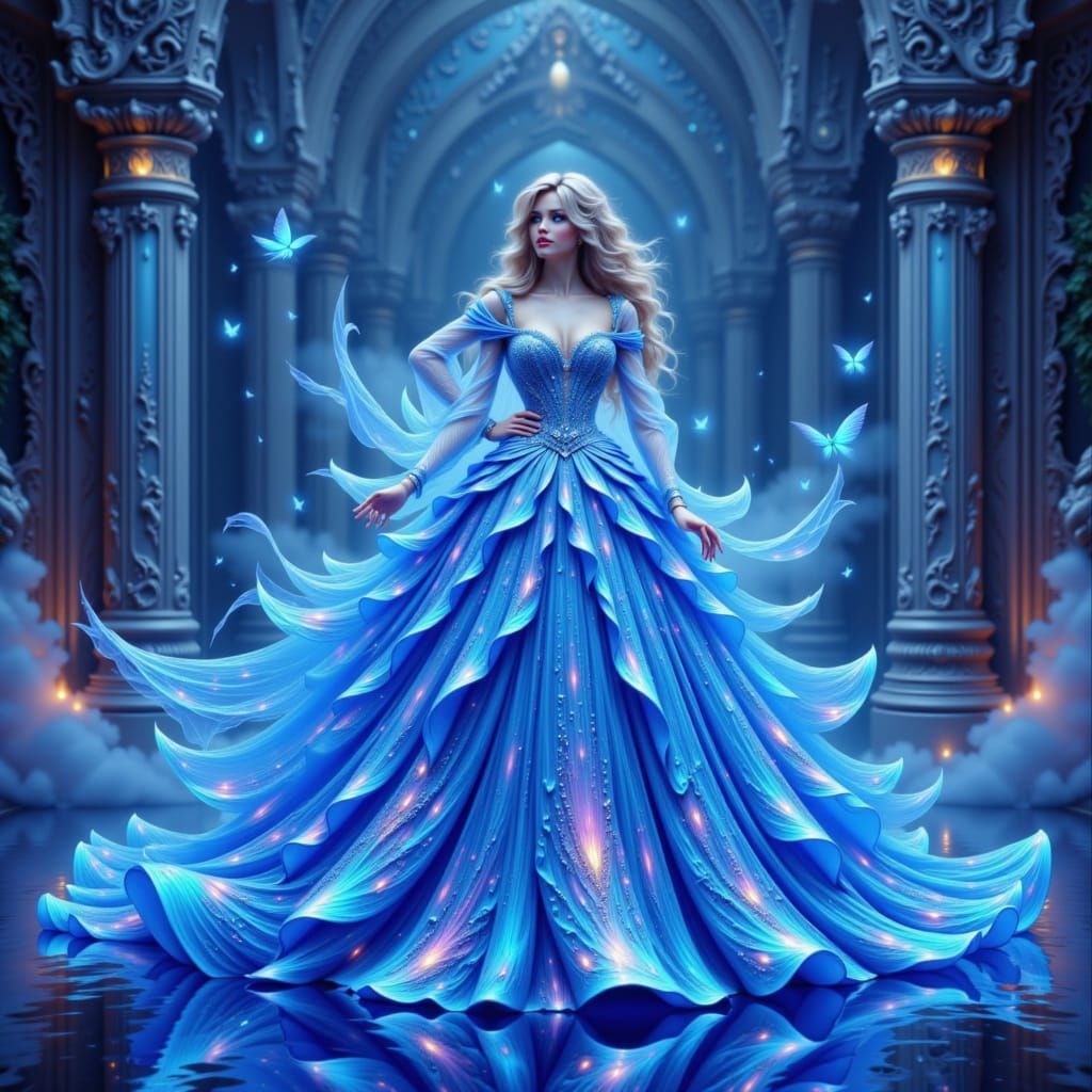 <lora:Dresses Galore:1.0> Ball Gown < sapphire, ice blue> Hyperrealistic