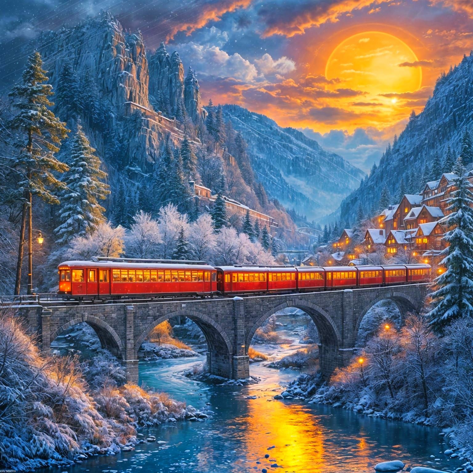 Vintage Tram Crosses Snowy Bridge at Sunset