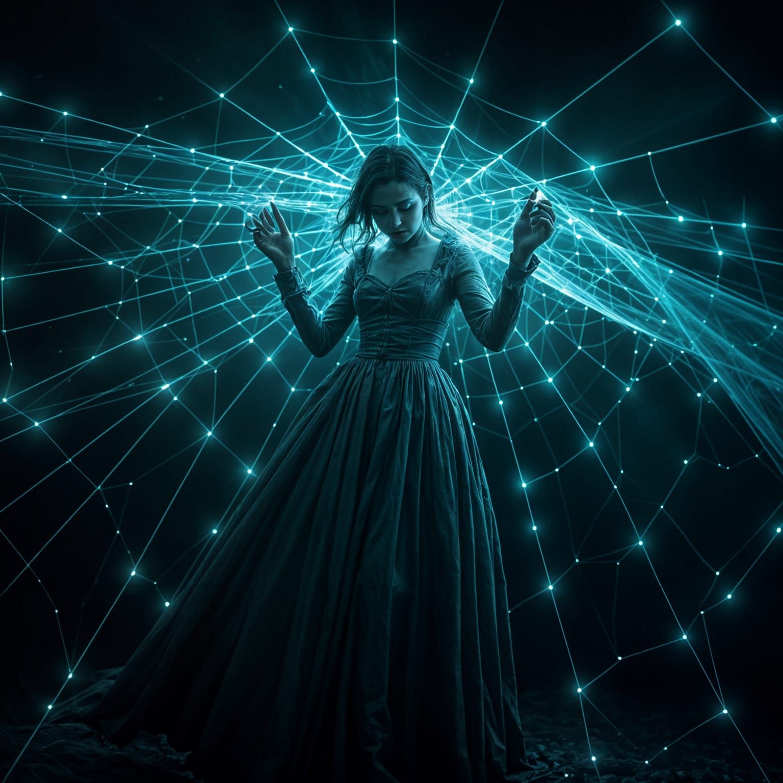 Woman Trapped in Bioluminescent Spider Web