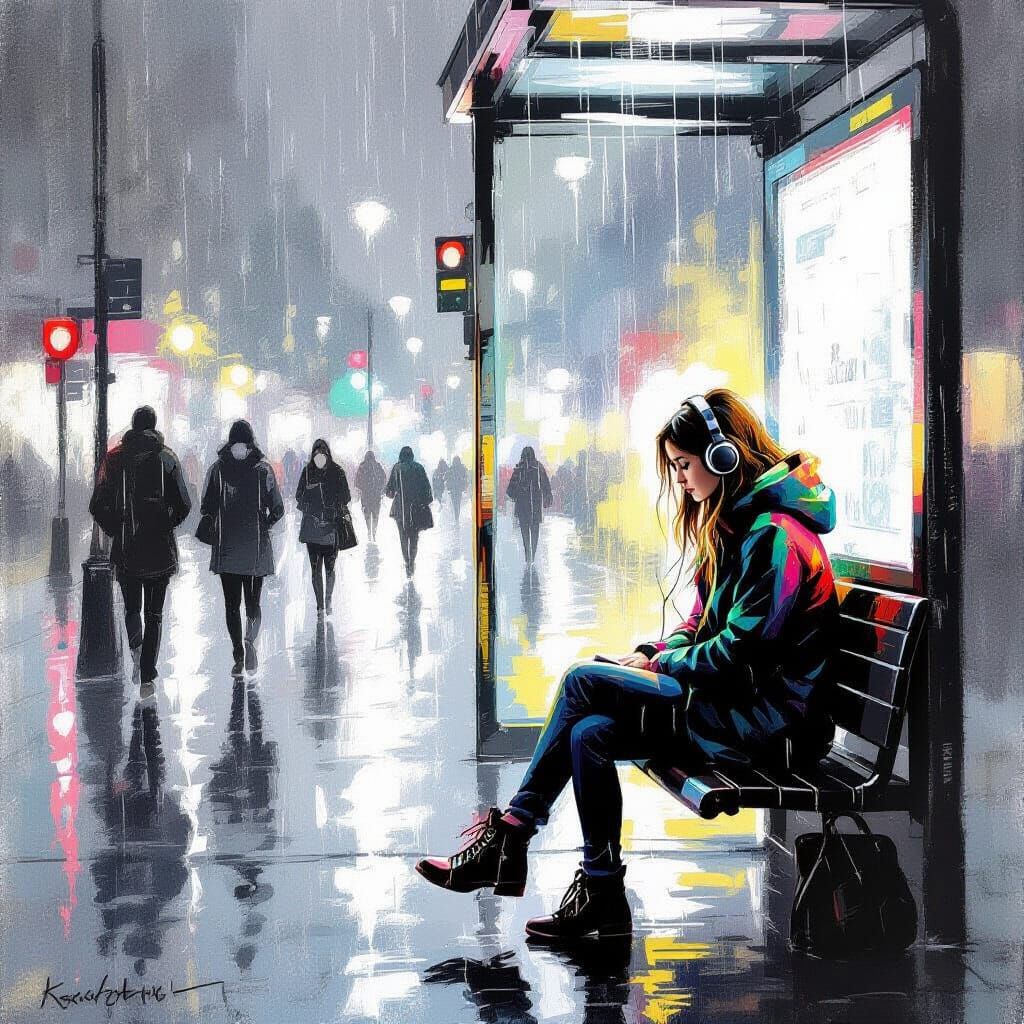 Charcoal black and white drawing of a bus stop with people commuting to work. Heavy rain. Focus on A ...  by @Zynia